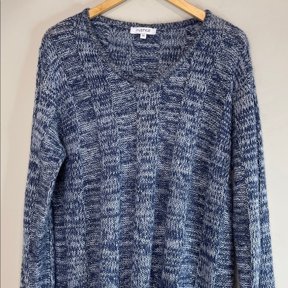 My Style V-Neck Knit Tunic Sweater Navy Blue Grey Mix Pockets Plus Size 2X - Picture 4 of 11
